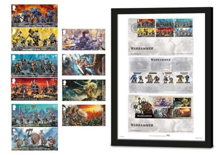 Issued to mark the 40th anniversary of Warhammer, this framed
presentation features TEN UK stamps, officially postmarked by Royal Mail with
their first day of issue. Just 250 worldwide.