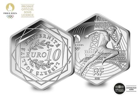 Struck from .500aq silver, this 10 Euro, hexagonal coin is for the Paris 2024 Olympic and Paralympic Games and features Marianne and the Eiffel Tower. Edition Limit: 100,000