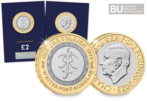 2023 UK J. R. R. Tolkien CERTIFIED BU £2 reverse/obverse in Change Checker packaging and reverse/obverse up close and BU logo