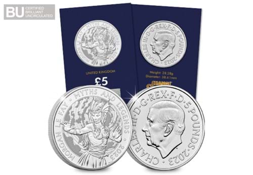 2023 UK Morgan Le Fay CERTIFIED BU £5 in Change Checker packaging and reverse/obverse up close with BU logo