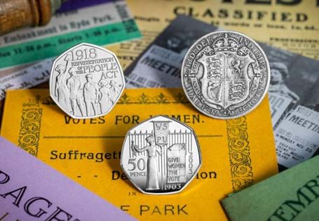 Includes the UK 2003 Suffragettes Silver 50p, the UK 2018 Representation of the People BU 50p, the UK 1918 Half Crown from the year that women could vote, and the Suffragettes Memorabilia Pack