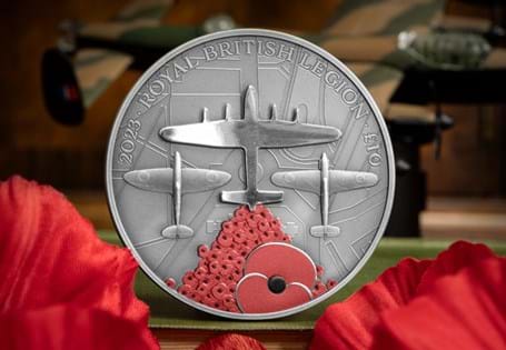 Features a genuine piece of Lancaster. It is flanked by a Hurricane and Spitfire while dropping Poppies, as done by the BBMF. The background is the Mall and Buckingham Palace. Pure Silver. EL: 250