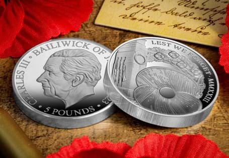 Issued by Jersey for the annual anniversary of remembrance. The reverse features the Cenotaph, a wreath behind, with the poppy in the foreground. Struck from 999/1000 Silver to a Proof finish. EL:500
