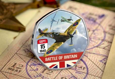 This commemorative has been released to mark Battle of Britain Day on the 15th September. It features a spitfire in a dogfight over England