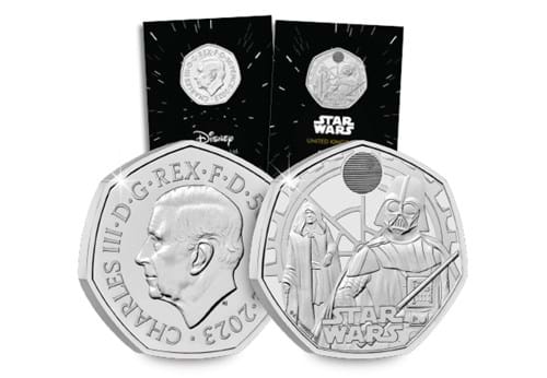 2023 UK Darth Vader™ and Emperor Palpatine™ CERTIFIED BU 50p in bespoke cards and obverse/reverse up close