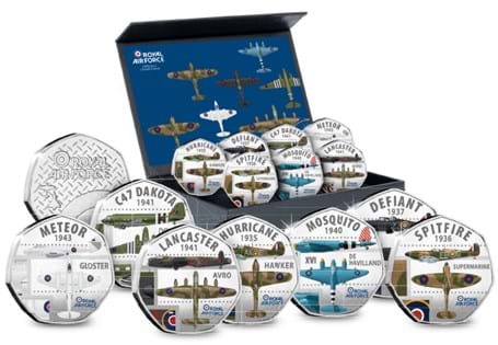 This set features seven commemoratives of iconic RAF planes that flew during WWII along with the dates of their first flights. Each commemorativehas been individually encapsulated. EL: 4995.