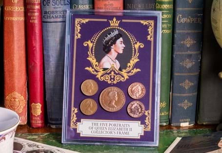This penny collection brings together the UK pennies bearing all five of Queen Elizabeth IIs definitive coinage portraits.