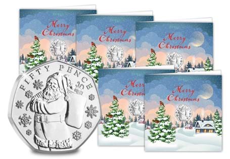 These new Father Christmas 2023 50p coins are encapsulated within the card to protect its superior Brilliant Uncirculated quality. The inside is left blank for your personal message. BUY 4 GET 1 FREE!