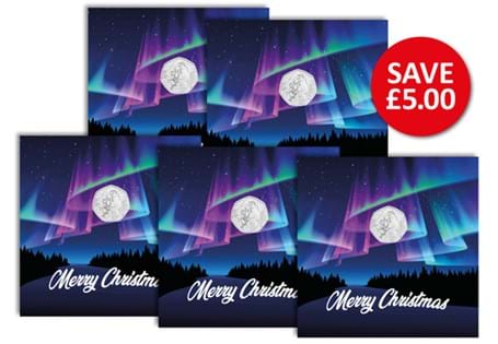This 2023 UK The Snowman™ 50p Christmas Card Bundle includes 5 2023 Snowman 50ps each displayed in a custom Change Checker Christmas card.