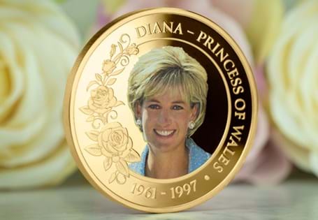 Princess Diana Supersize coin struck from copper and expertly plated in 24 carat Gold to Proof finish. Reverse features photographic image of Princess Diana, with engraved text with rose engravings.