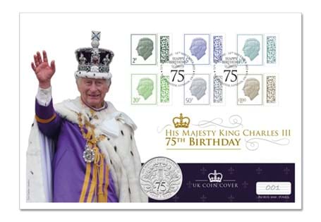 The cover includes the new official UK £5 coin issued to mark the 75th birthday of King Charles III, postmarked on 14th November 2023