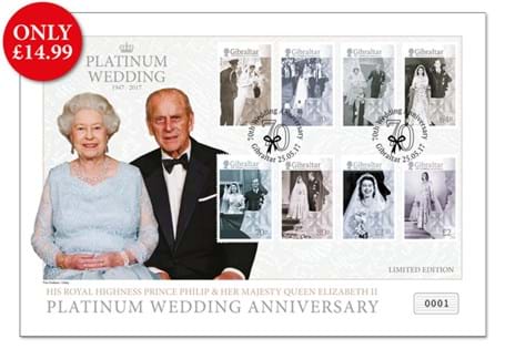First Day Cover issued in celebration of the Queen's Platinum Wedding Anniversary. Features 8 Platinum Wedding stamps, depicting the Queen and Prince Philip on their Wedding Day