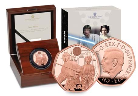 This Gold Proof 50p is the Royal Mint's third release in the Star Wars™ series, featuring Luke Skywalker™ and Princess Leia™ 