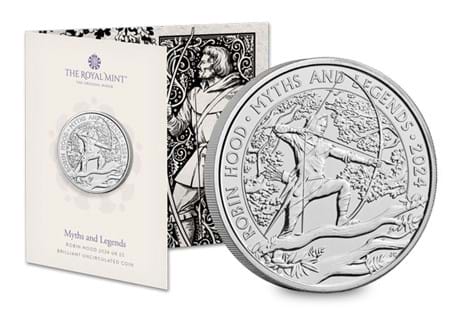 This UK 2024 £5 coin has been issued by The Royal Mint as the first BU £5 in the Myths and Legends series, this time celebrating Robin Hood. Struck to brilliant uncirculated quality in TRM packaging