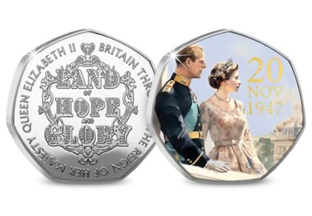 The Queen Elizabeth II and Prince Philip Commemorative features a loving design of a young Queen Elizabeth II and Prince Philip together on a balcony. 