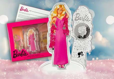 Struck from 1oz of .999 silver to a proof-like finish, this coin features Barbie as a Superstar, featuring an  image of the iconic doll, a custom shaped capsule and display stand. Edition Limit; 3000