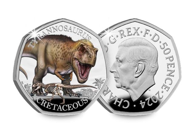 T Rex Silver 50P Olour Obverse Reverse