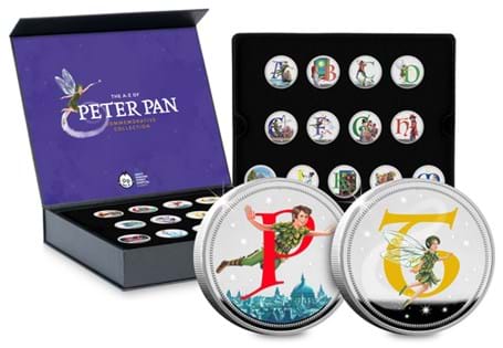 The Official Peter Pan Commemoratives P&T. Featuring artwork of Peter Pan with the letter P and Tinkerbell with the letter T. The obverse features the official Great Ormond Street Hospital logo.