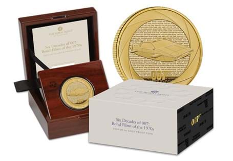 UK 1oz Gold coin has been issued by The Royal Mint to celebrate six decades of James Bond legacy. It is the second coin in the series. Struck from 1oz of 99.99% pure Gold to a proof finish. EL: 250
