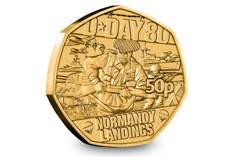Issued  to mark the 80th Anniversary of D-Day,
this 50p coin features the Normandy Landings. Struck to a
Brilliant Uncirculated finish,  plated in 24 Carat Gold and is
limited to just 50,000.