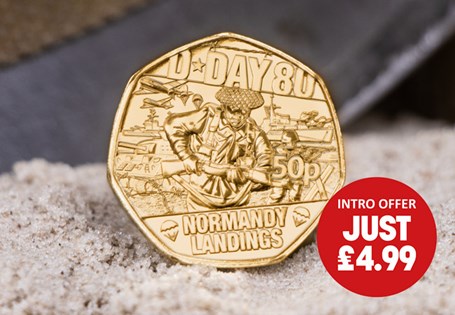 Issued  to mark the 80th Anniversary of D-Day, this 50p coin features the Normandy Landings. Struck to a Brilliant Uncirculated finish,  plated in 24 Carat Gold and is limited to just 50,000.