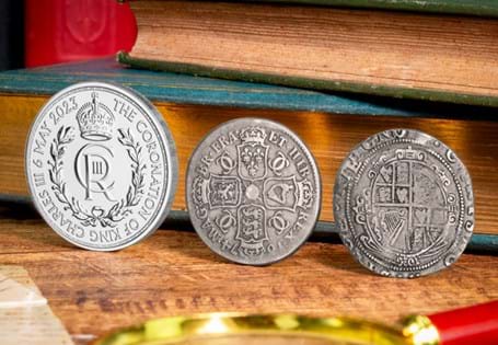 This 3-coin set houses the half-crowns of Charles I and Charles II, alongside the 2023 KCIII Coronation Silver Bullion