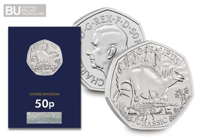 2024 UK Stegosaurus BU 50p in Change checker packaging and close up obverse/reverse with BU logo