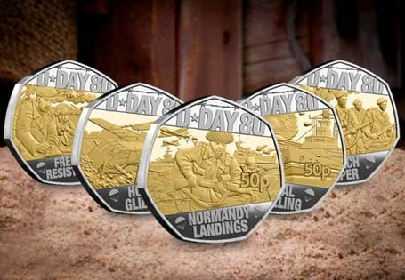 Struck from Sterling Silver to a Proof finish, with the addition of gold-plating, this 50p set has been issued by Isle of Man honouring the 80th Anniversary of D-Day.