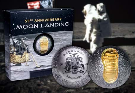 Struck from 1 oz of Pure Silver with selective 24 carat Gold plating. A unique spherical shape for the 55th Anniversary of the moon landing, with floating frame packaging. EL: 1,969.
