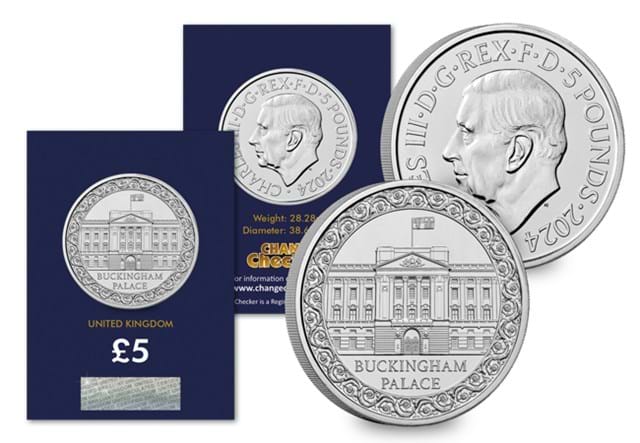2024 UK Buckingham Palace CERTIFIED BU £5 obverse and reverse in Change Checker packaging