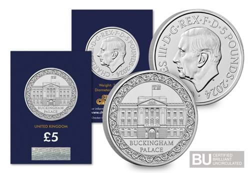 2024 UK Buckingham Palace CERTIFIED BU £5 obverse and reverse in Change Checker packaging with CBU logo