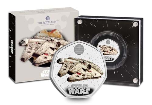 357M UK 2024 Star Wars Millennium Falcon Silver 50P Coin In Front Of Packaging Whole Product