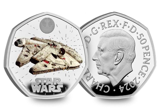 357M UK 2024 Star Wars Millennium Falcon Silver 50P Coin Obverse And Reverse