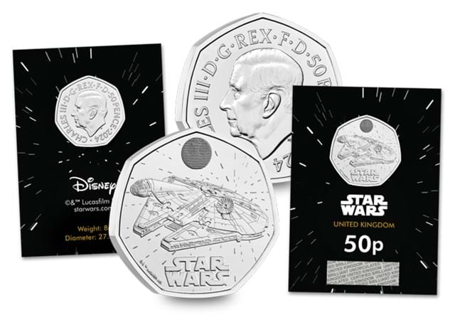 2024 UK Millennium Falcon CERTIFIED BU 50p obverse/reverse in cards