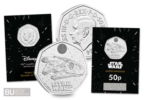 2024 UK Millennium Falcon CERTIFIED BU 50p obverse/reverse in cards with BU logo