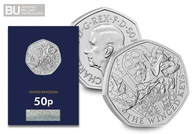 2024 UK Harry Potter and the Winged Keys CERTIFIED BU 50p in Change Checker packaging beside obverse reverse with BU logo