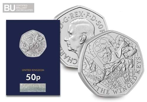 2024 UK Harry Potter and the Winged Keys CERTIFIED BU 50p in Change Checker packaging beside obverse reverse with BU logo