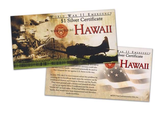 US WWII Hawaii 1 Dollar Banknote Cert Obv Rev