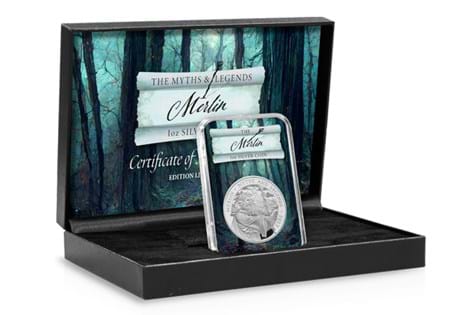 This product features the official Merlin 1oz Silver Bullion coin issued by The Royal Mint. It is struck from 99.99% silver and comes presented in a box with Certificate of Authenticity. EL: 495.