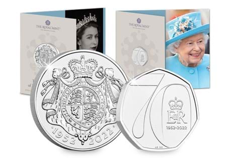 This set includes the UK 2022 Queen Elizabeth II BU 50p coin alongside the UK 2022 Queen Elizabeth II BU £5 coin, in their original Royal Mint Packaging.