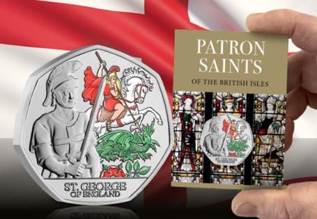 The 2024 St. George Colour BU 50p has been issued by Jersey in celebration of the Patron Saint of England. The design features the legend of Saint George slaying the dragon and an English rose.