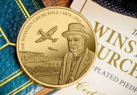 This 24ct gold-plated Piedfort coin honours the great wartime
legend Sir Winston Churchill and features a portrait of him along with a
Spitfire flying overhead. EL: 19,995. 
