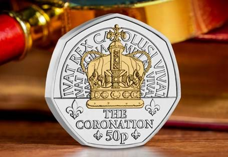 Issued by the Isle of Man to commemorate King Charles III's
first year as king, this 50p coin features the Coronation Crown and has been
plated in silver and 24 carat gold and struck to a BU finish.