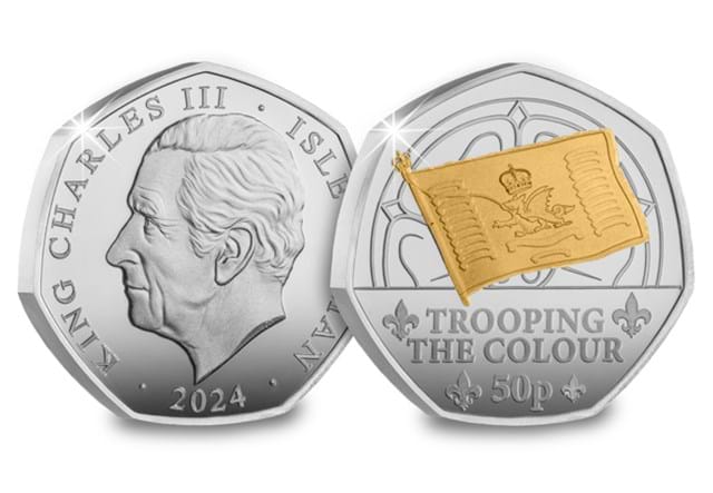 KCIII Inaugural Year Silver (With Gold Plate) 50Ps Trooping The Colour Obv Rev