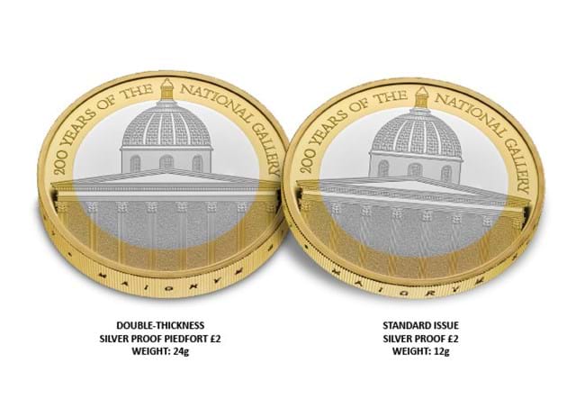 NAT9 UK 2024 National Gallery Silver Proof Piedfort £2 Coin In Comparison Next To A Standard £2 Coin