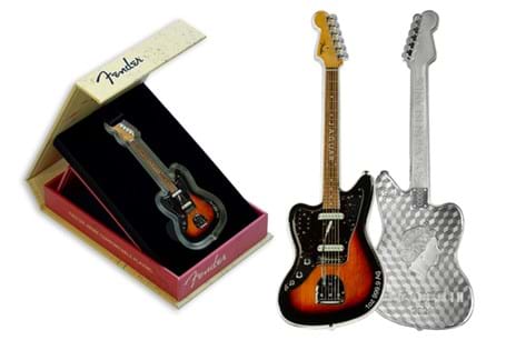 This 1oz Pure Silver Guitar shaped coin captures the retro Fender Guitar perfectly. Officially licensed by Fender. Arriving in custom presentation case. EL: 4,000