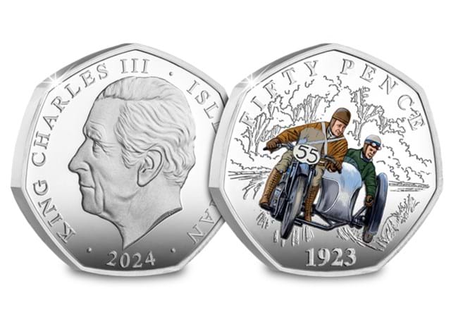 Motor Racing Silver 50Ps (With Colours) 1923 Sidecar Obv Rev