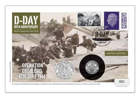 This coin cover features the UK 2024 D-Day BU 50p alongside the UK 1944 Shilling. It has been postmarked on 6th June 2024 with an edition limit of 200 worldwide