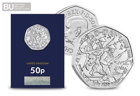 The Royal Mint have struck a 50p in commemoration of the D-Day 80th Anniversary. It has been struck to a Brilliant Uncirculated quality and protectively encapsulated.