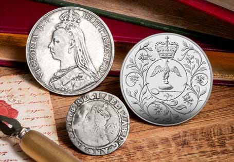 Three-coin set issued to commemorate the reigns of Victoria, ElizabethI, Elizabeth II. Features an Elizabeth I Silver Sixpence, Victoria Silver Crown, and a 1977 Silver Jubilee Proof Crown